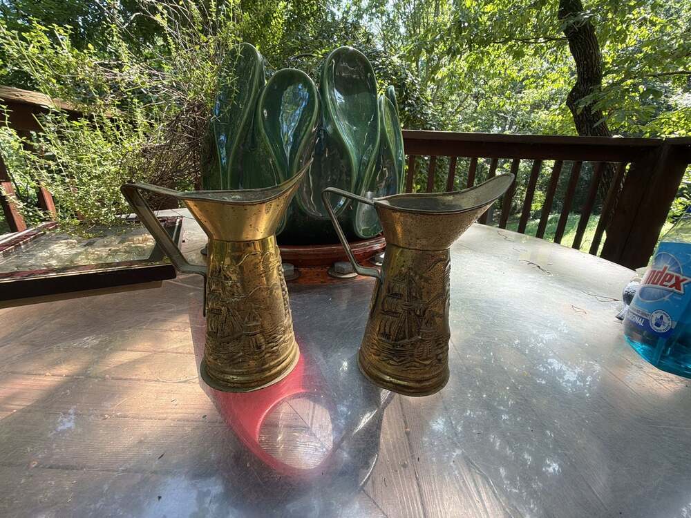 Vintage Peerage Embossed Brass Pitchers with Nautical Sailing Ship Scene, Set of